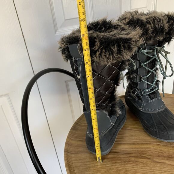 Women Lace Up Black Fur Trim Lined Winter Snow Boots Size 6 M Gray Khombu - Picture 9 of 16
